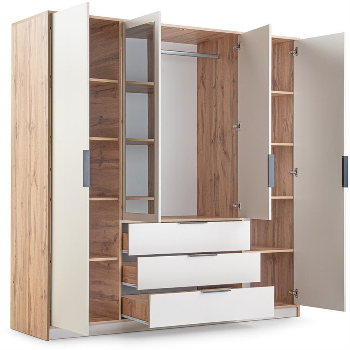 DREHTÜRENSCHRANK Livo mit 4 Türen und 3 Schubladen, weiß+eiche Wotan, 200 cm - Eiche Wotan/Weiß, Holzwerkstoff (200/200/57cm) - Beautysofa