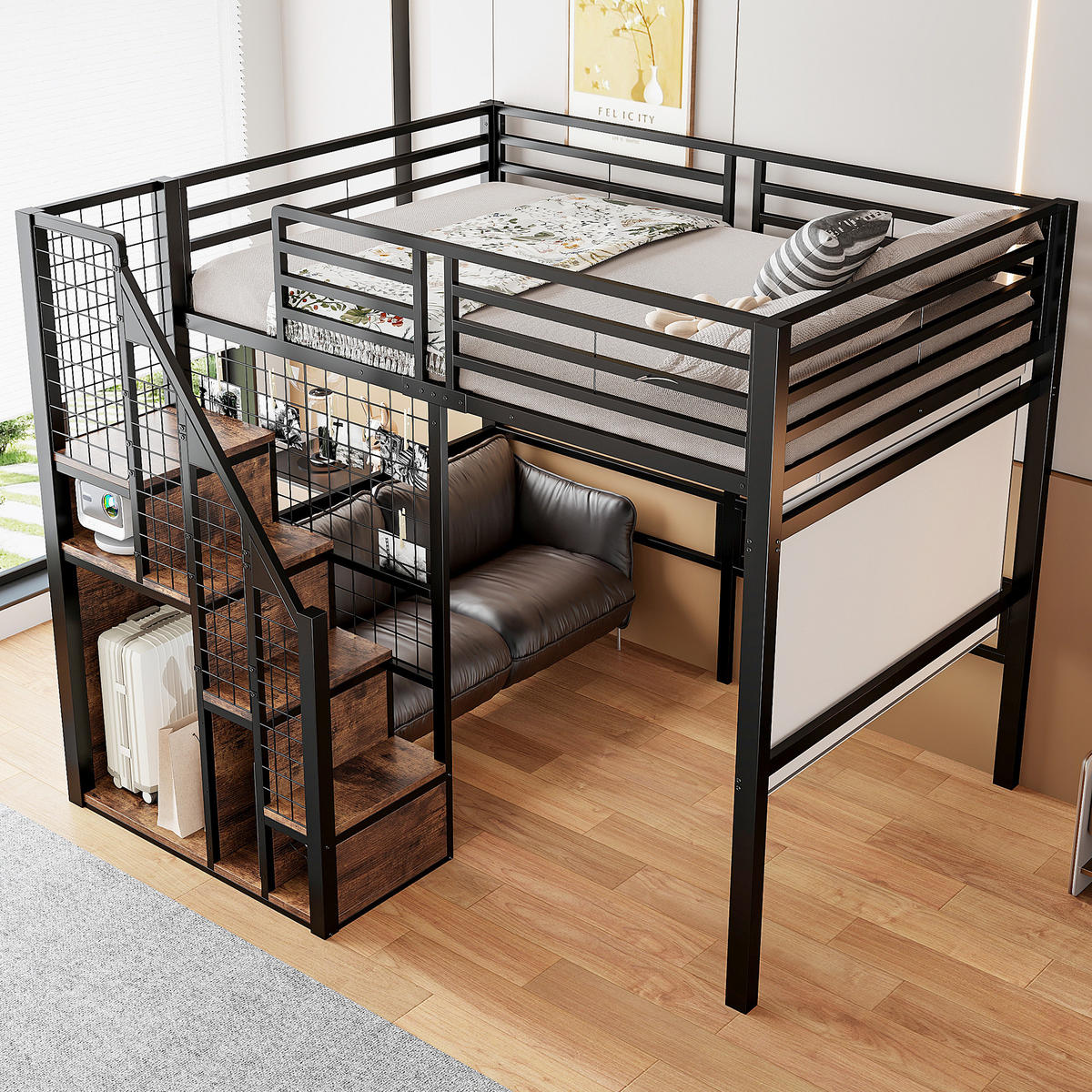 HOCHBETT aus Metall 140x200 cm in Schwarz mit Treppe & Stauraum - Schwarz, Metall (140/200cm) - Modfu