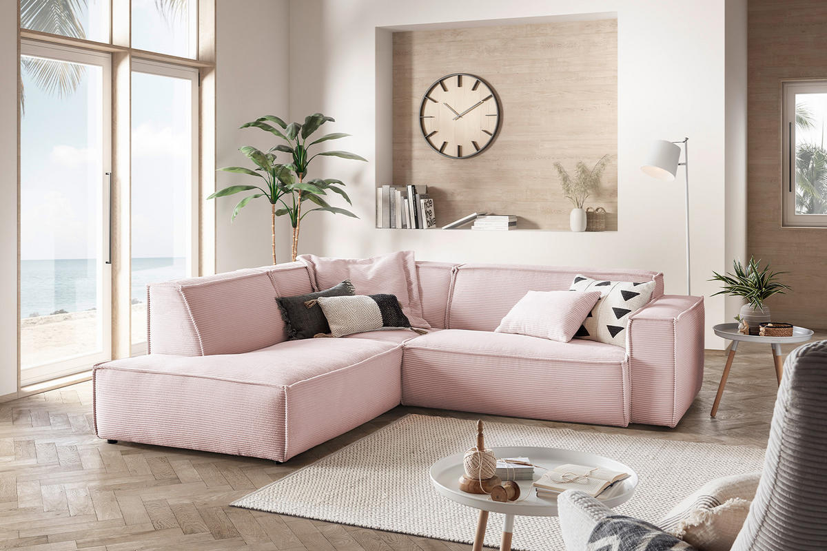ECKSOFA SAMU Pink Cord - Pink/Schwarz, Textil (254/224cm) - KAWOLA