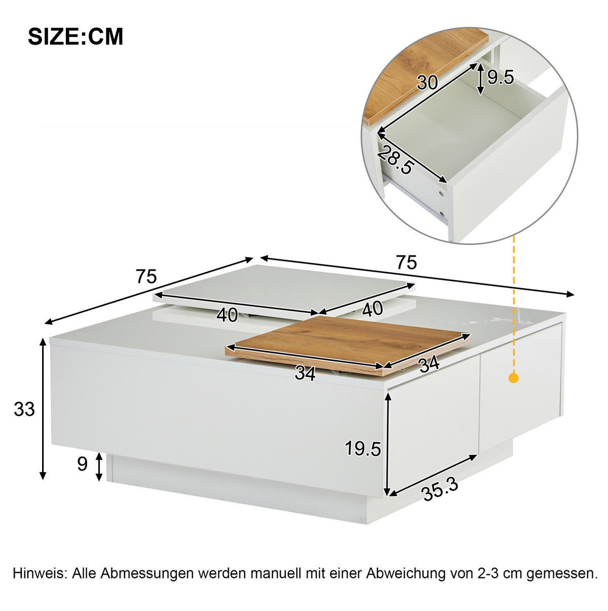 COUCHTISCH 75/75/33.5 cm in Weiß aus Spanplatte mit Hochglanz und Schubladen - Weiß, Holzwerkstoff (75/75/33.5cm) - OKMYHOME