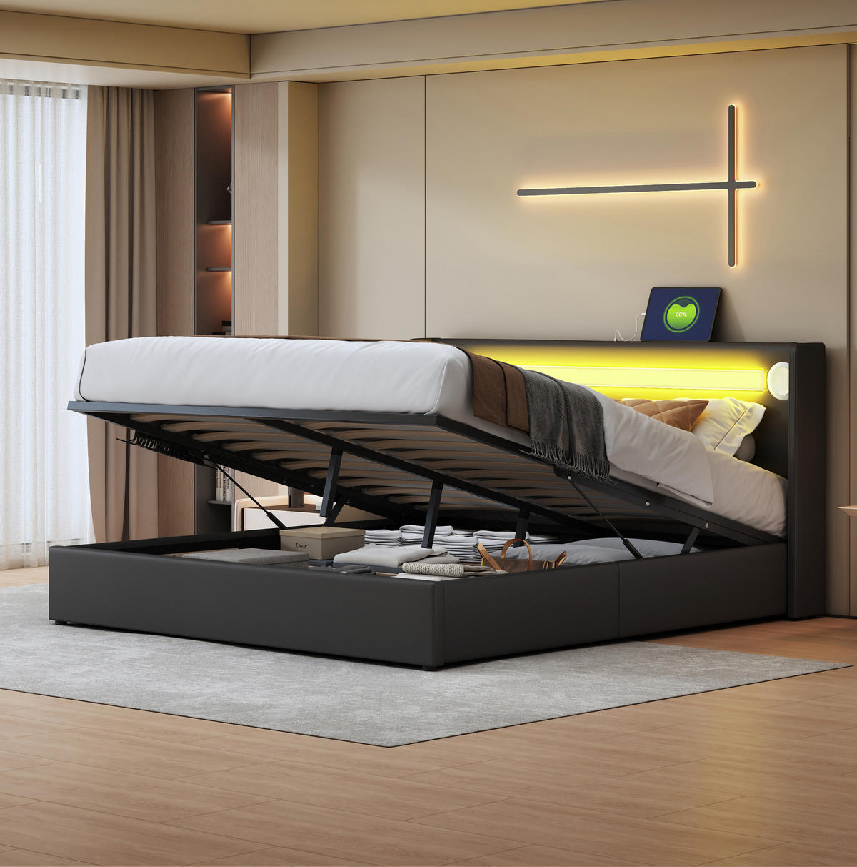 POLSTERBETT mit Stauraum 160x200 cm PU-Leder Schwarz mit LED Bluetooth/USB - Schwarz, Metall (160/200cm) - Meubliv