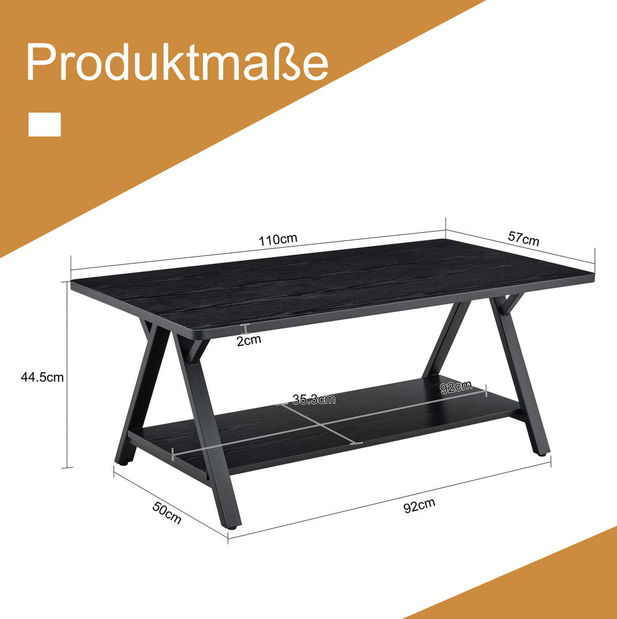 COUCHTISCH 110/57/44,5 cm mit Ablage, MDF-Holzoptik und Metallgestell, Schwarz - Schwarz, Holzwerkstoff (110/57/44.5cm) - Redom