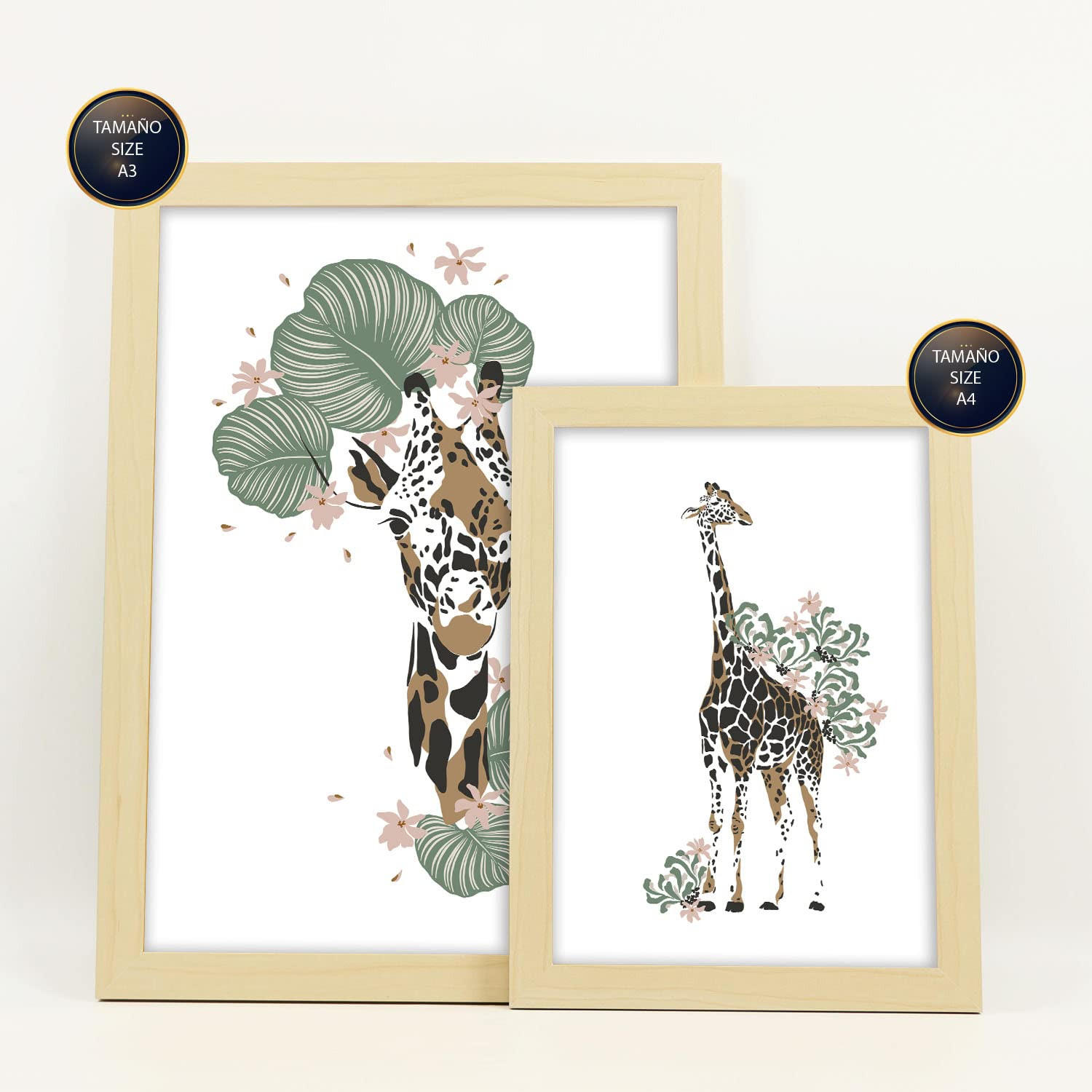 POSTER Set Mit 6 Wilde Tiere Weißer Hintergrund Mit Tiermotiven Im Pastell Muster Stil Innenarchitektur A3 & A4 Rahmen Aus Hellem Holz - Beige, Papier (29/3cm) - Nacnic