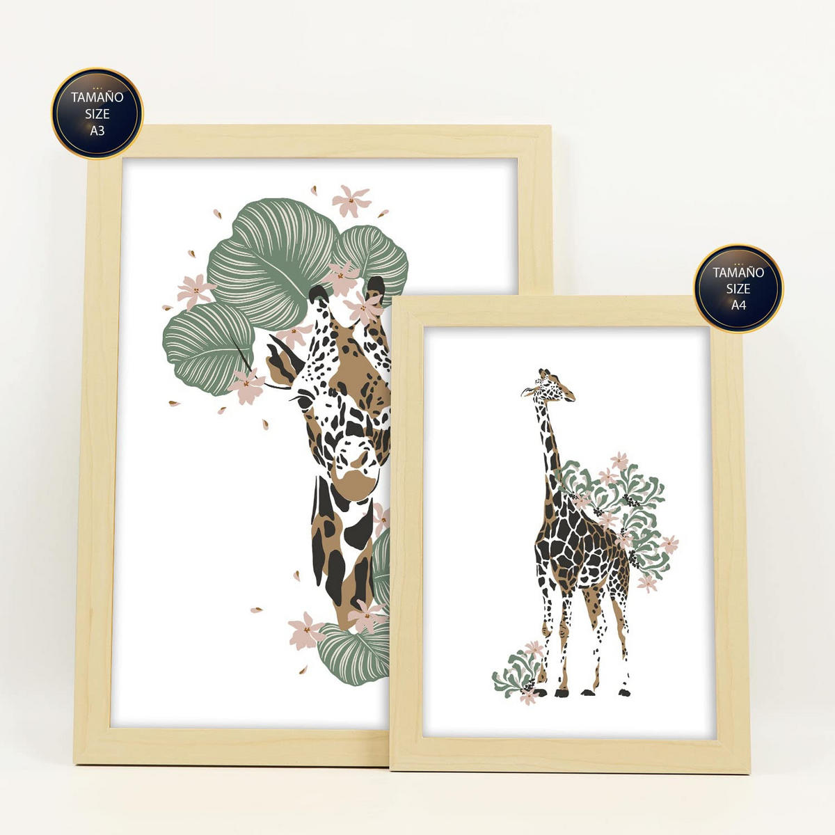 POSTER Set Mit 6 Dschungeltier Größe A3 & A4 Rahmen aus hellem Holz - Beige, Papier (29.7/1cm) - Nacnic