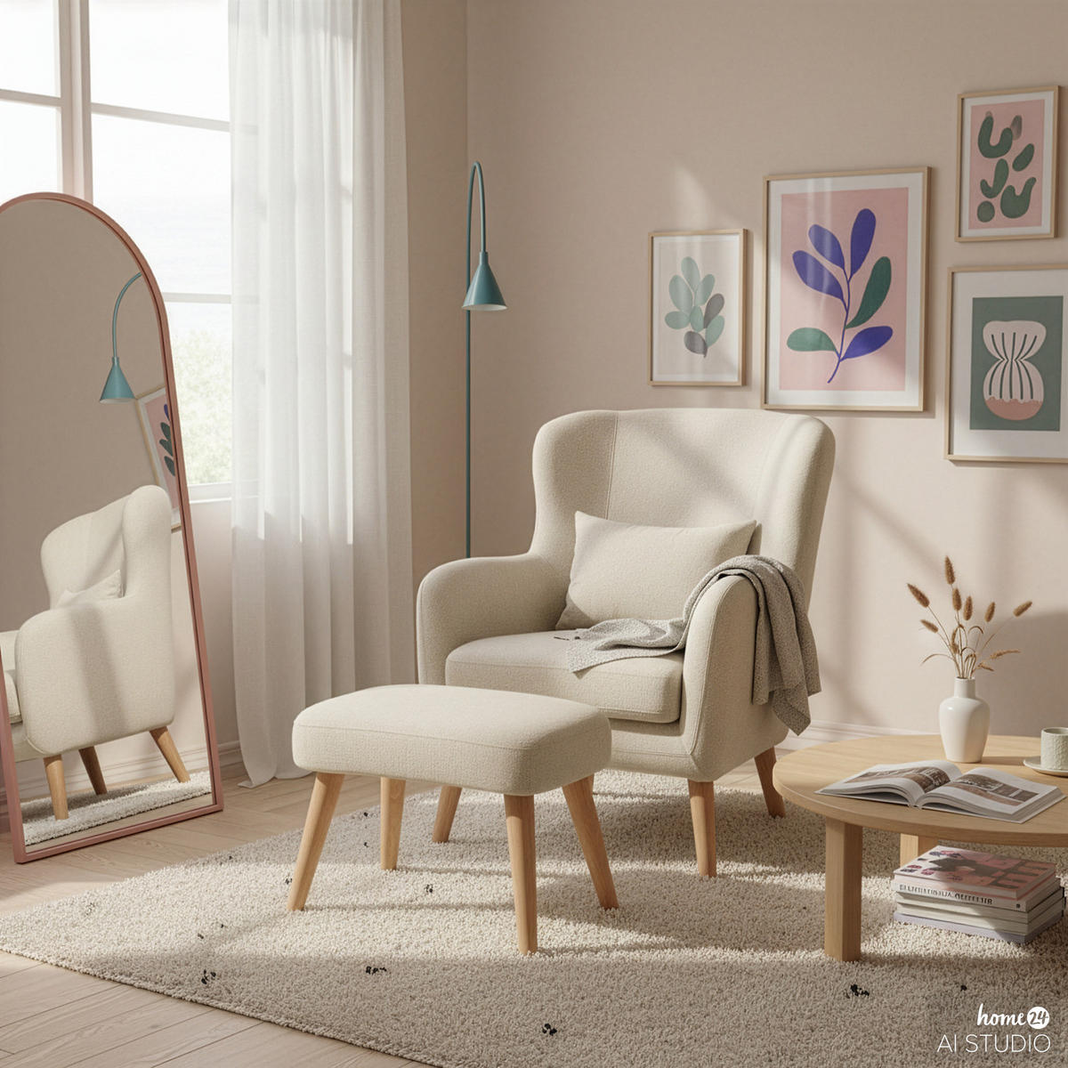 SESSEL mit Hocker - Beige, Birkenholz/Textil (75/96/78cm) - home24