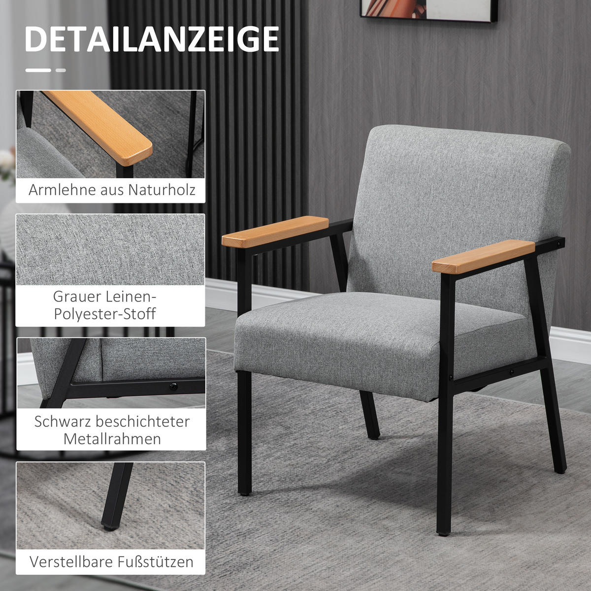 OHRENSESSEL Polstersessel, Relaxsessel mit Leinenoptik, Loungesessel, Grau - Grau, Metall (70/83.5/64.5cm) - HOMCOM