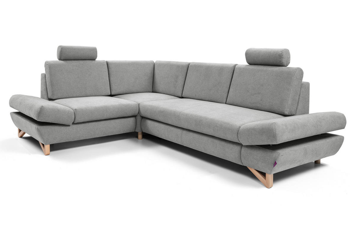 ECKSOFA CASA II L-S Grau Plüsch-Stoff mit Schlaffunktion - Grau, Holz (272/199cm) - MASSENO