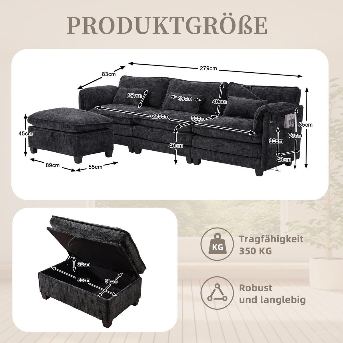 ECKSOFA mit USB-Anschluss und Hocker aus Chenille Schwarz 279/83/85 cm - Schwarz, Textil (279/83cm) - OKWISH