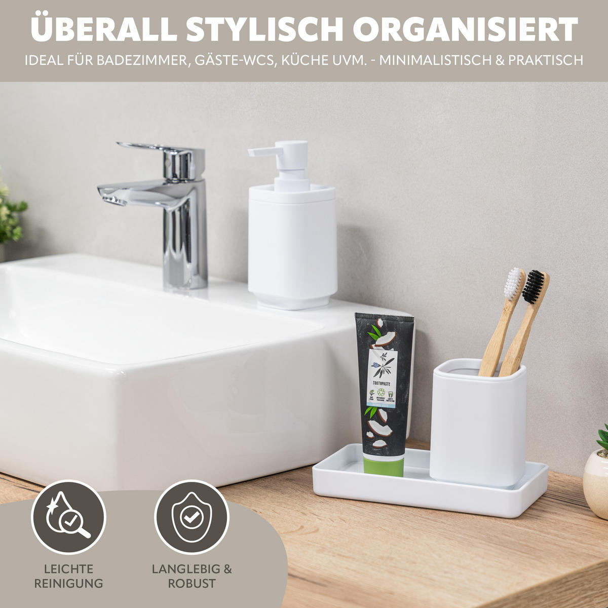 BAD-ACCESSOIRES-SET VALONA, Soft-Touch, weiß - Weiß, Kunststoff (18/2.5/9.5cm) - eluno