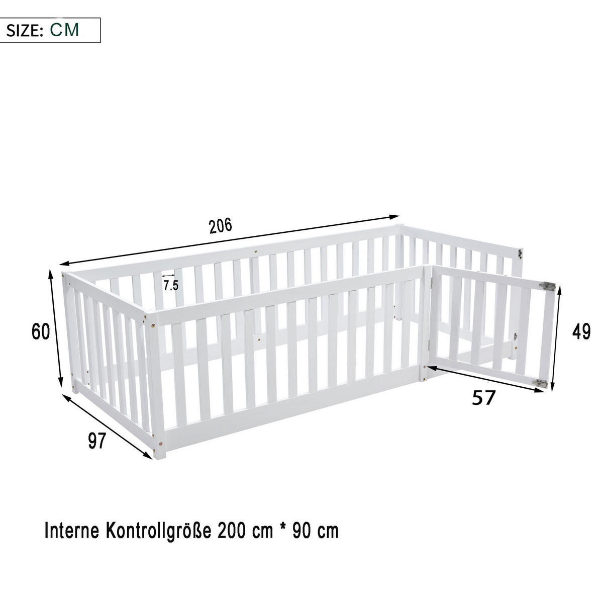KINDERBETT 90/200 cm in Weiß mit Zaun und Tür aus massivem Kiefernholz - Weiß, Holz (90/200cm) - BEAOK