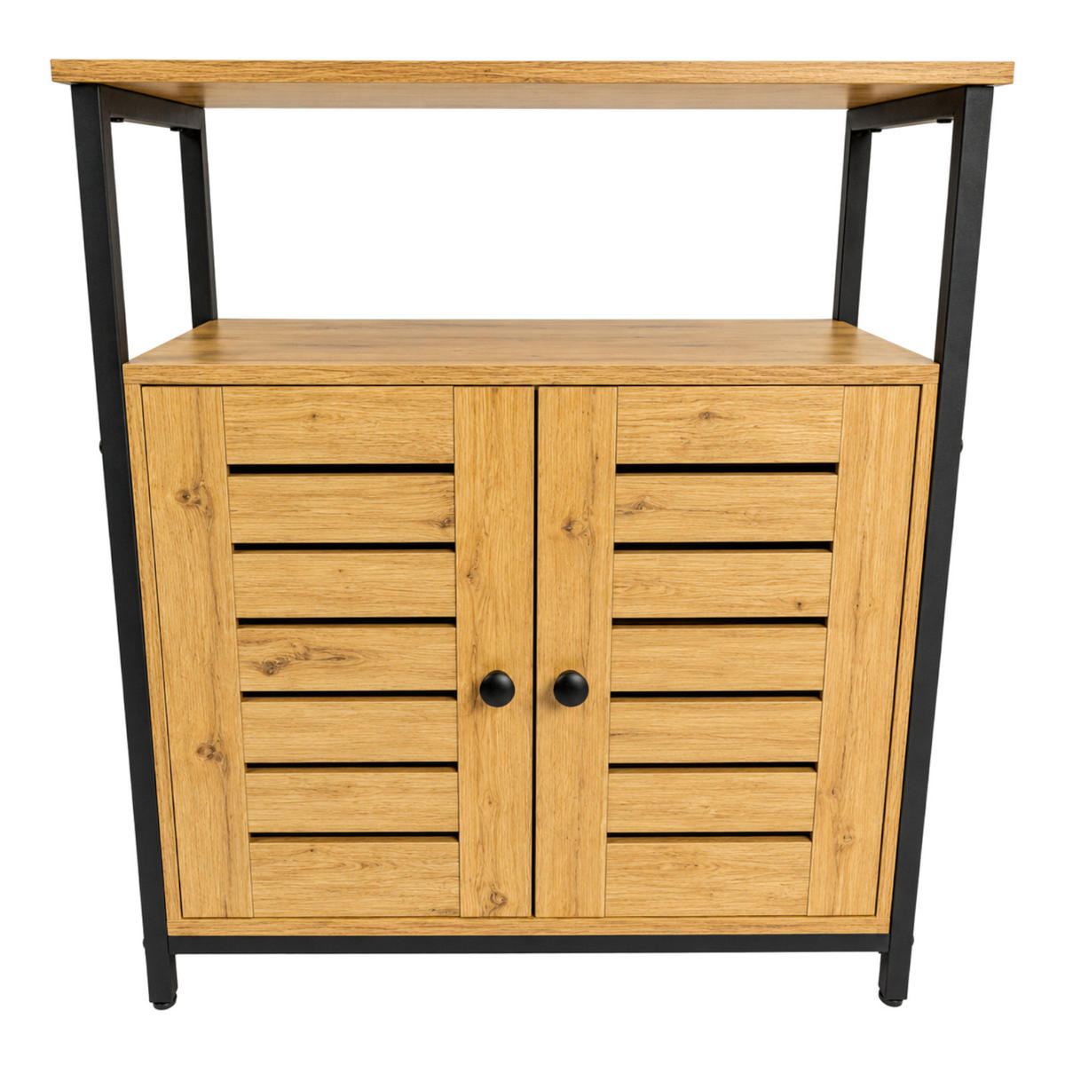 KOMMODE Metall Holzoptik Eiche Schwarz mit Lamellentüren Ablage 70x30x80 cm - Eichefarben/Schwarz, Holzwerkstoff (70/80/30cm) - Begryf
