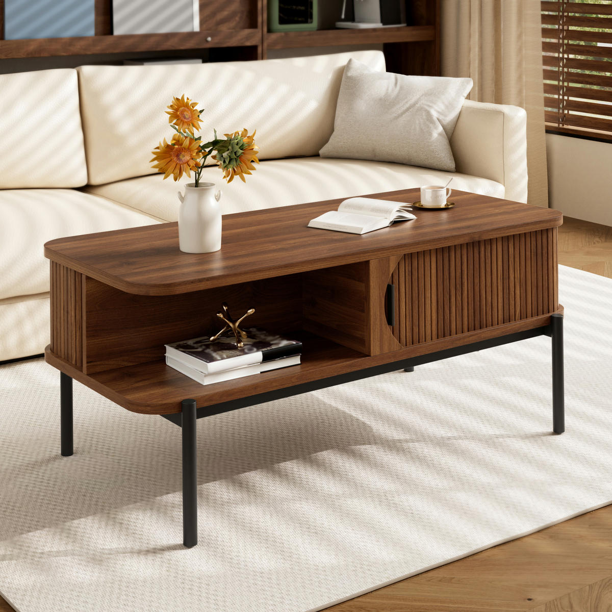 COUCHTISCH 100x45x43cm mit Stauraum und Schiebetüren - Walnussfarben, Holzwerkstoff (45/100/43cm) - FLIEKS
