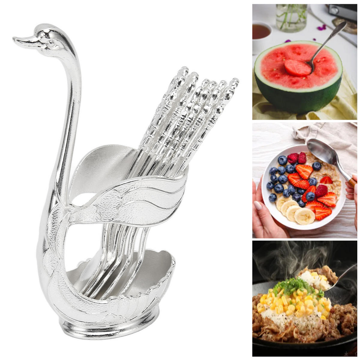 BESTECK-SET 7-teiliges Schwanenhalter-Löffel-Set–6 Dessertlöffel - Silberfarben, Metall