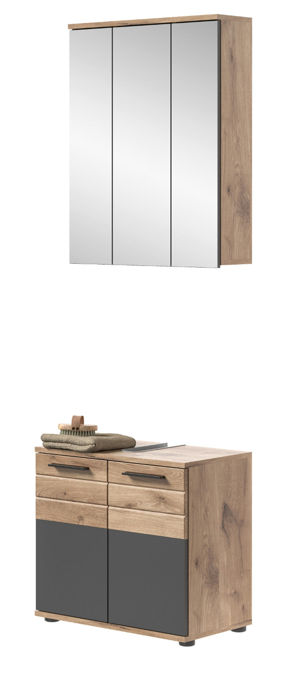 BADMÖBEL-SET Eiche, grau 2-teilig 60x190 cm mit Soft-Close, Badezimmereinrichtung - Eichefarben/Grau, Glas/Holzwerkstoff (60/190/34cm) - Inn.Furn