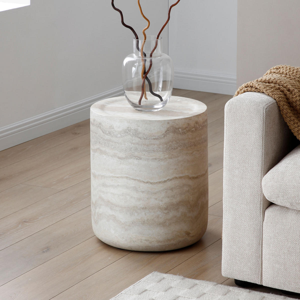 BEISTELLTISCH rund 40/45 cm in Beige aus Fiberglas mit strukturierter Oberfläche - Beige, Glas (40/40/45cm) - BEAOK