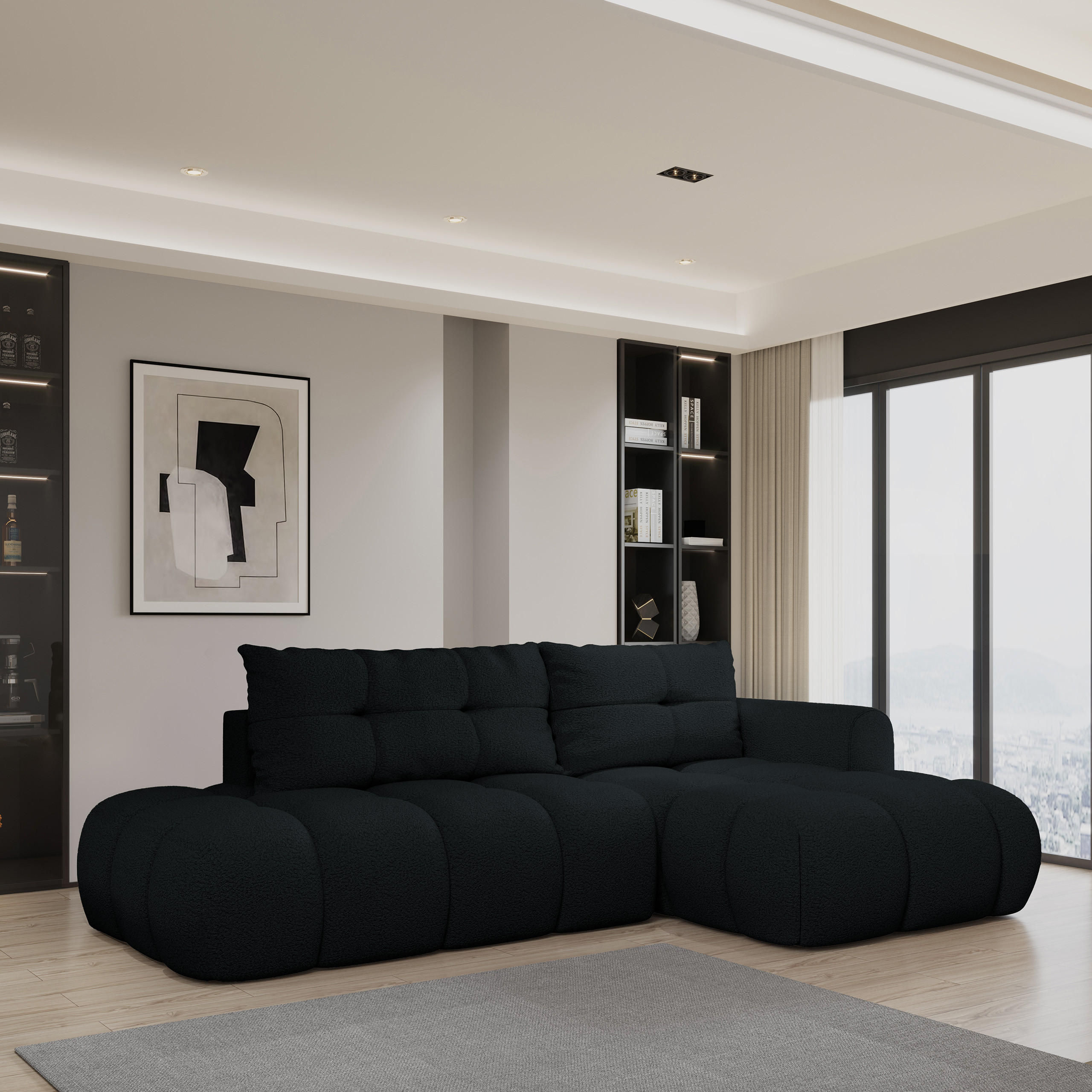 ECKSOFA FLUMA R-S Schwarz Boucle-Stoff mit Schlaffunktion - Schwarz, Holz (274/165cm) - MASSENO