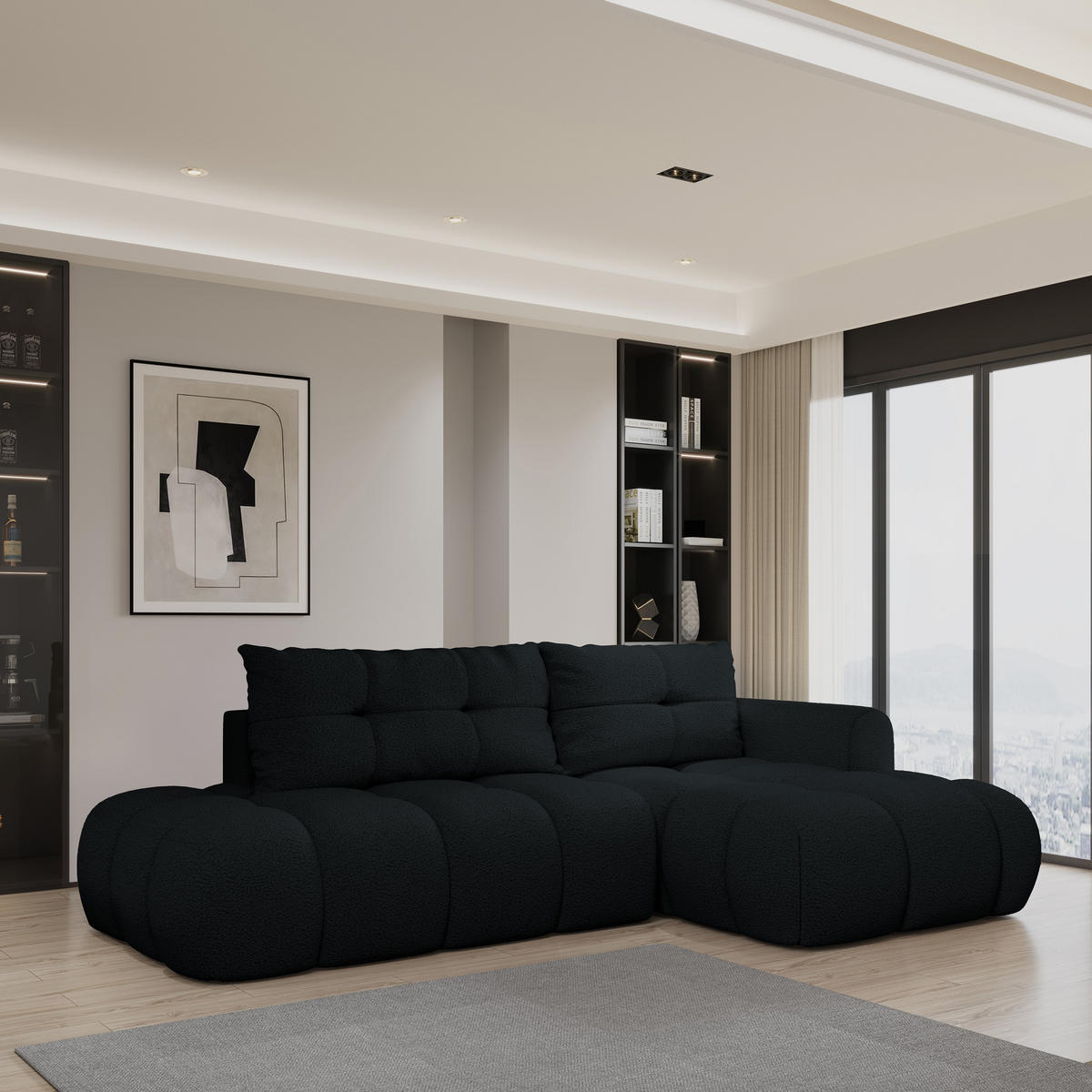 ECKSOFA FLUMA R-S Schwarz Boucle-Stoff mit Schlaffunktion - Schwarz, Holz (274/165cm) - MASSENO