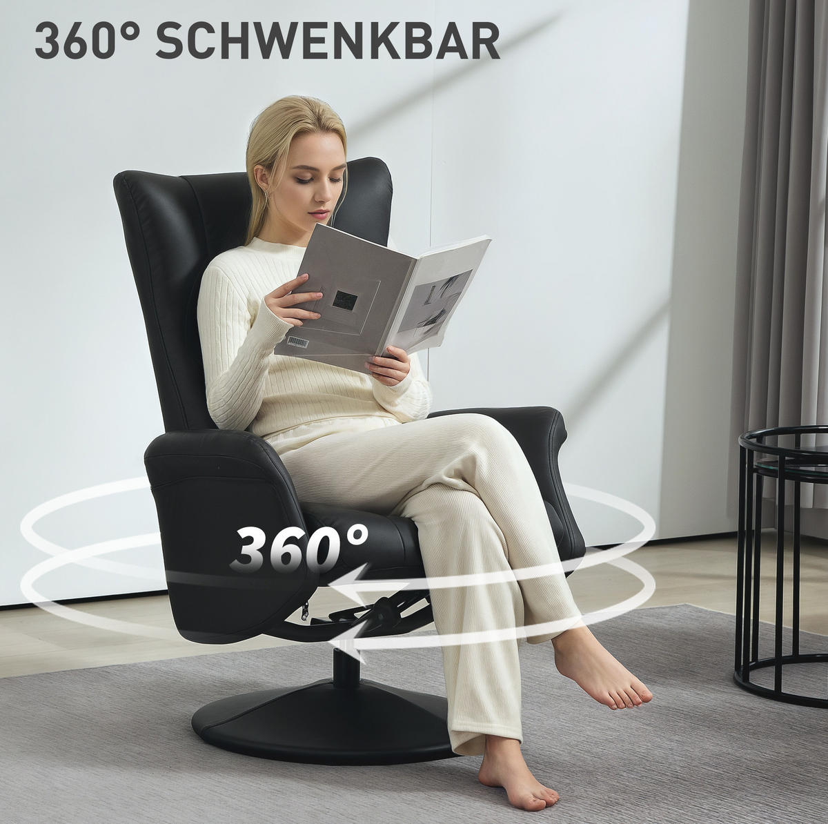 SESSEL 70/79/105 cm mit Hocker, 360°-Drehfunktion & Relaxfunktion - Schwarz, Kunststoff (70/105/79cm) - BEAOK