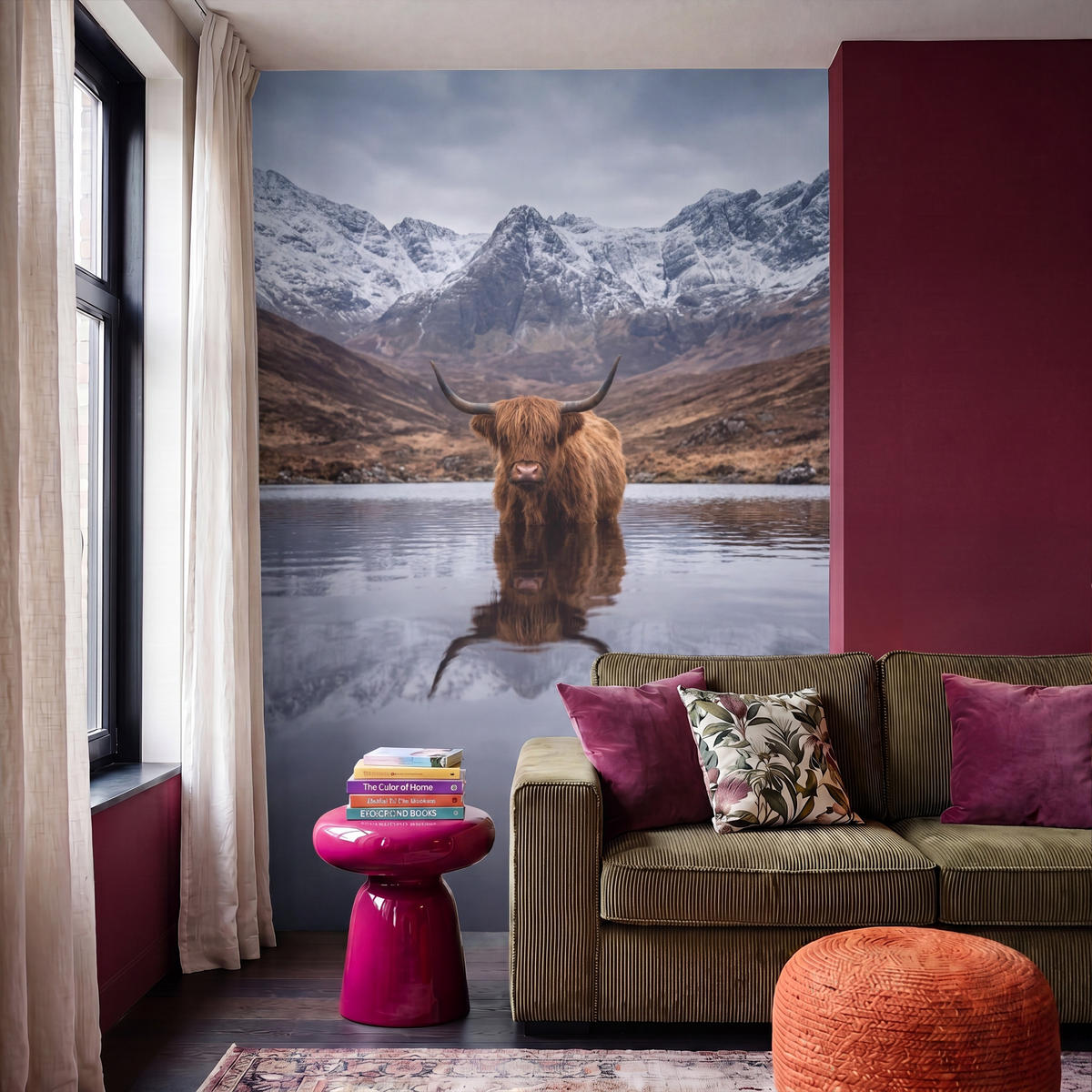 TAPETE - Schottischer Hochländer - Braun - Wasser - 180x280 cm - Braun, Papier (180/280cm) - OnlyWow