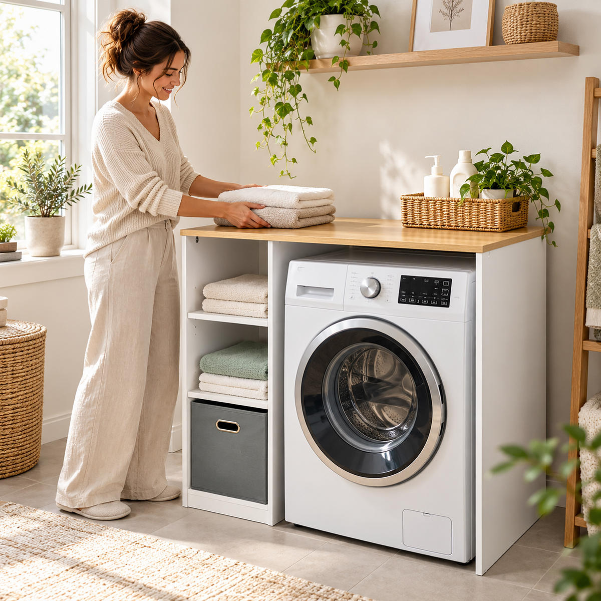 WASCHMASCHINENSCHRANK Weiß 3 Fächer Korb - Weiß, Holzwerkstoff/Textil (100/90/60cm) - Relaxdays