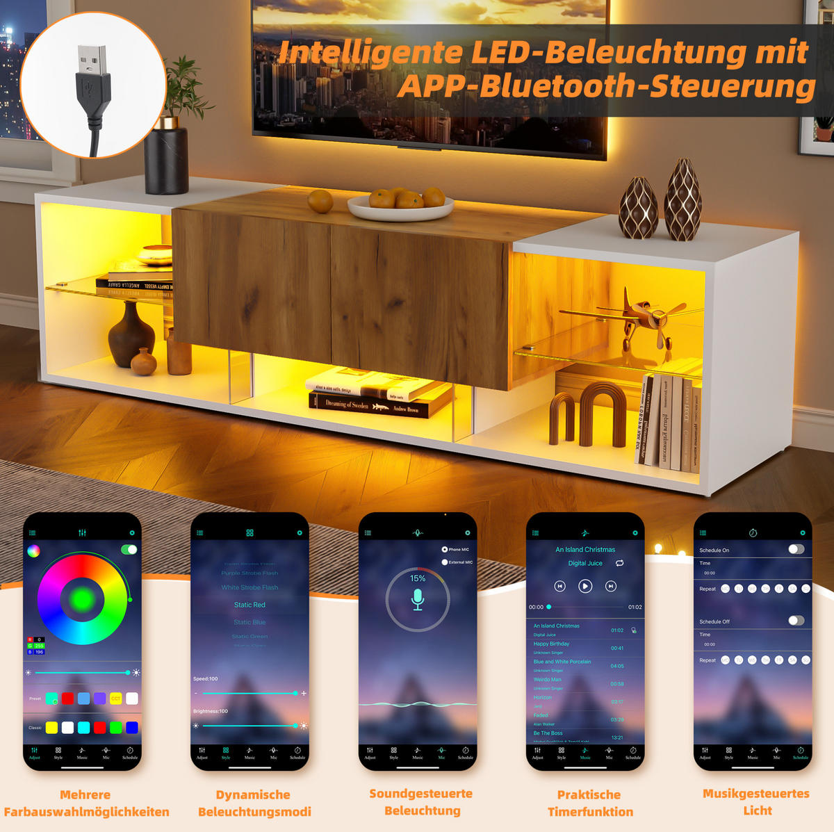 TV-LOWBOARD 160/40/42 cm mit 2 Schubladen und LED-Beleuchtung - Hellbraun, Holzwerkstoff (160/42/40cm) - BEAOK