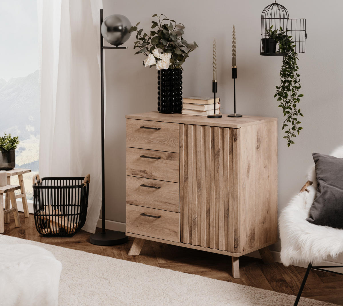 KOMMODE Eiche 84 cm, Anrichte mit 3D-Relief und Push-to-Open - Eichefarben/Messingfarben, Holzwerkstoff/Metall (84/85/40cm) - Furn.Design