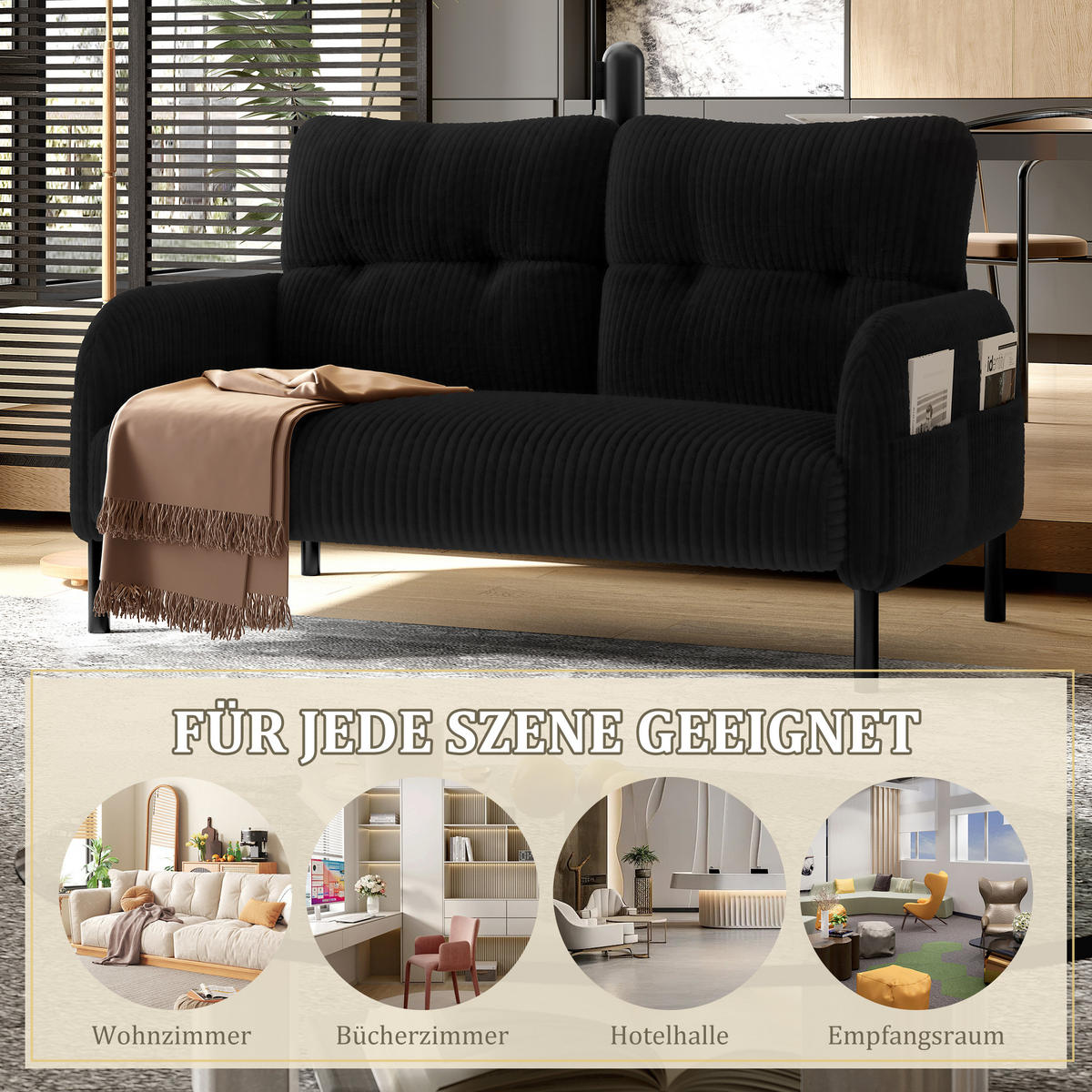 2-SITZER SOFA Cord Schwarz mit Seitentasche - Schwarz, Textil/Metall (120/79/75cm) - WISHDOR