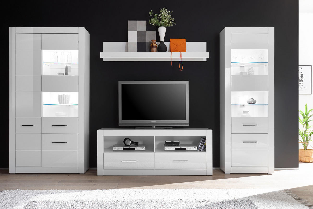WOHNWAND weiß Hochglanz, Wohnkombination 4-teilig 335 x 198 cm - Chromfarben/Weiß Hochglanz, Glas/Holzwerkstoff (335/198/45cm) - Furn.Design