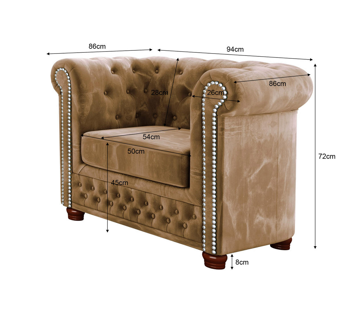 CHESTERFIELD-SESSEL Lauren Beige Samt - Beige/Braun, Holz/Textil (94/72/86cm) - S-Style Möbel