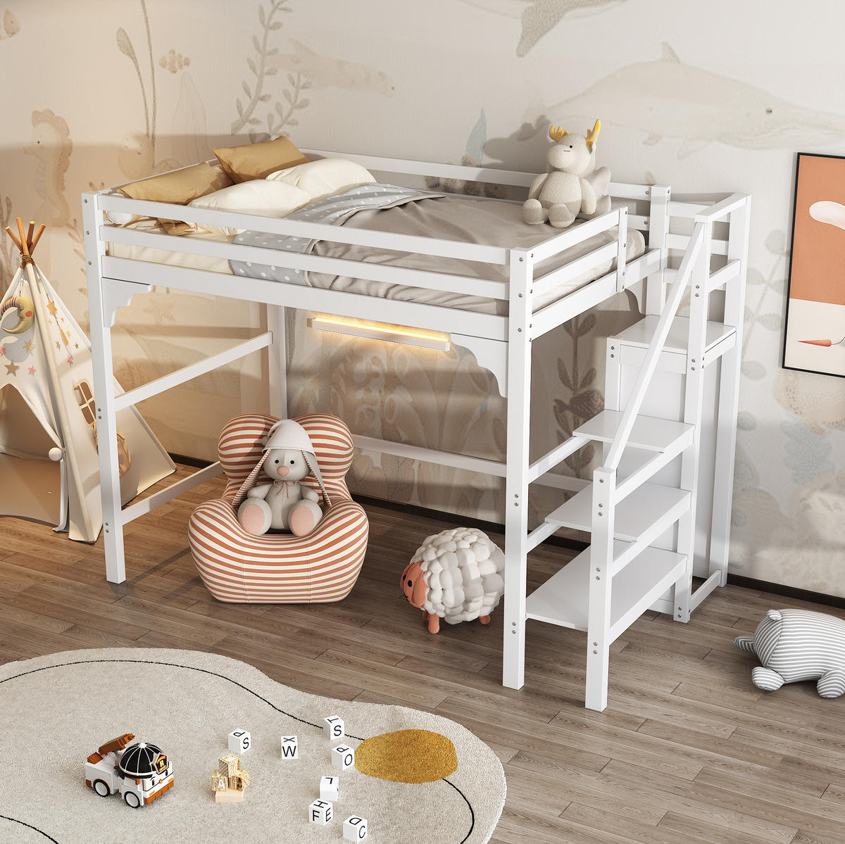HOCHBETT 140/200 cm aus Kiefernholz mit Kleiderschrank und Treppe, Weiß - Weiß, Holz (140/200cm) - OKMYHOME