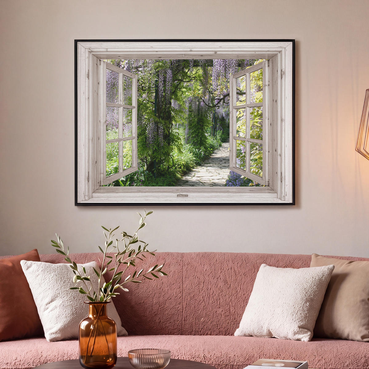 LEINWAND Bilder mit Rahmen - Blauer Regen - Blumen - Aussicht - Baum - Frühling - 100x70 - Grün, Textil (100/70cm) - MuchoWow