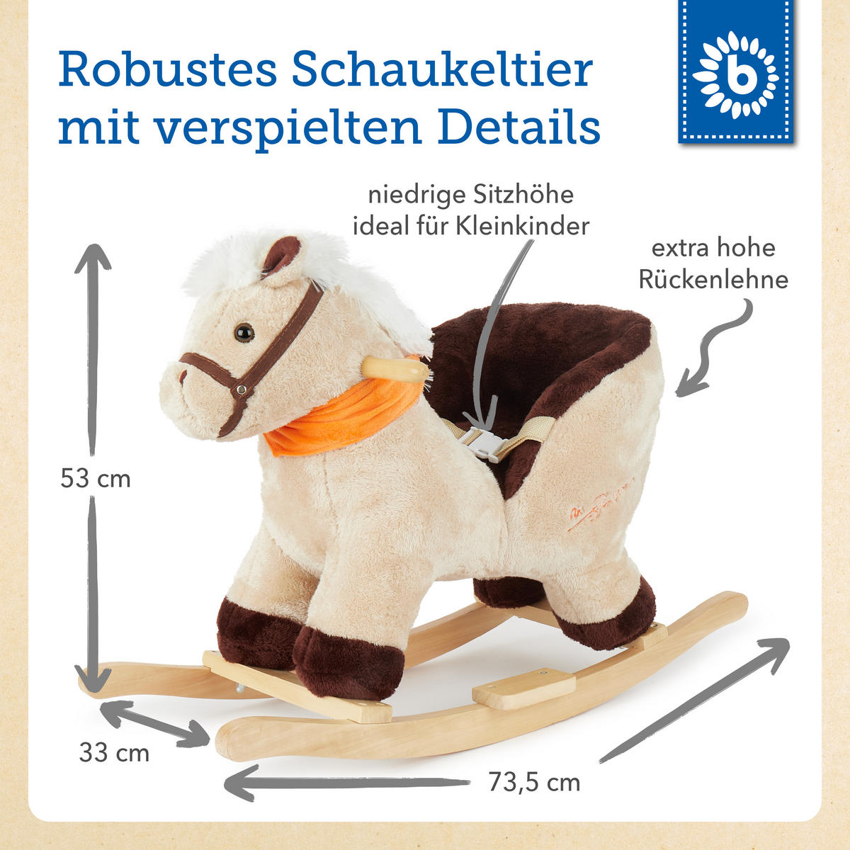 SCHAUKELTIER Plüsch Schaukelpferd - Hellbraun/Dunkelbraun, Textil (73/53/33cm) - Bieco Spielwaren