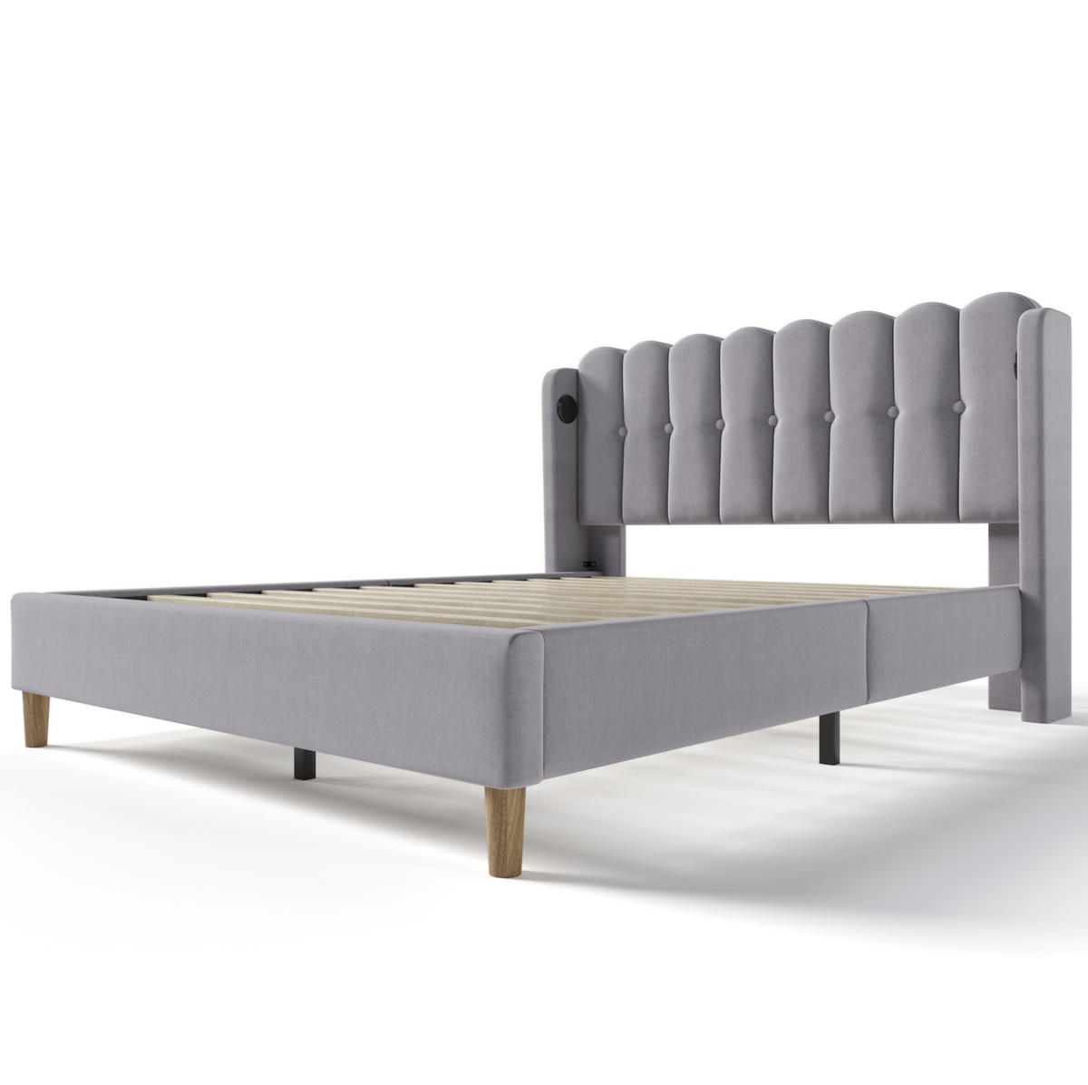 POLNJENA postelja iz lanu 160x200 cm siva z USB in USB-C polnjenjem ter panelnim vzglavjem - siva, tekstil (160/200cm) - Modfu