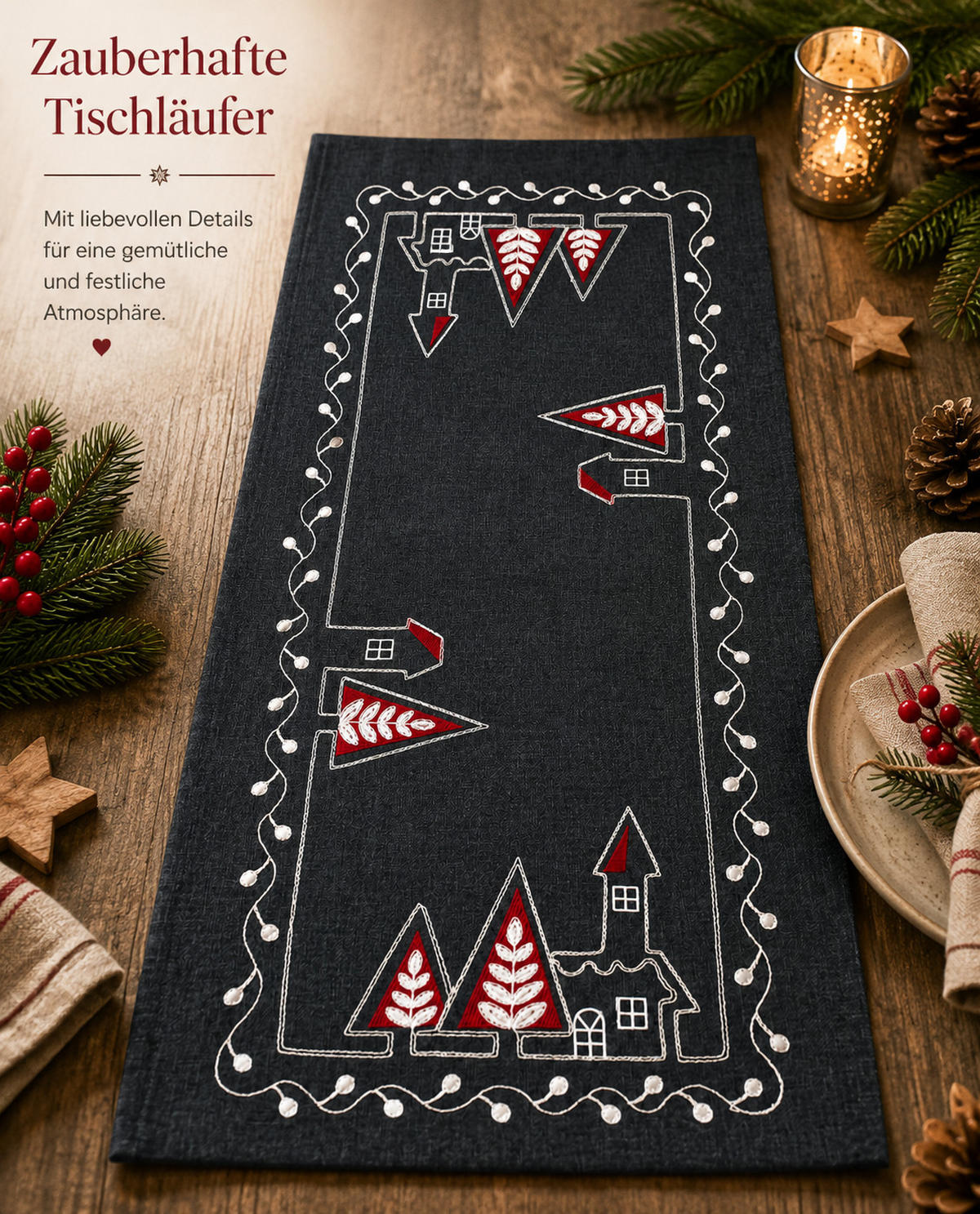 TISCHLÄUFER 40/90 cm Kirche Weihnachten Leinenoptik - Anthrazit/Rot, Textil (40/90cm) - TiborTex