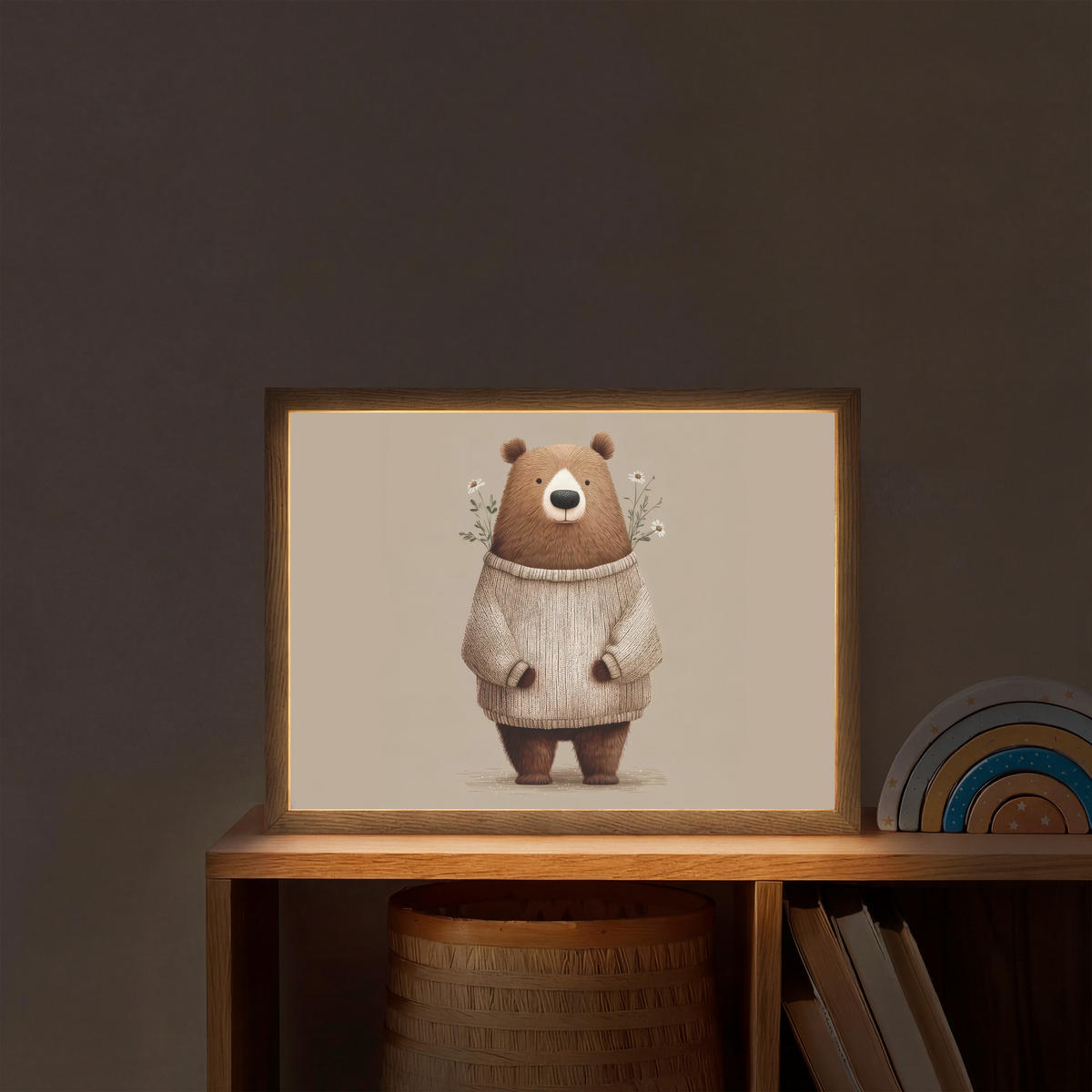 DOBÍJECÍ NOČNÍ LAMPIČKA Medvěd - Bílé květy - Cosy 40x30 cm - šedohnědá, kompozitní dřevo (8/40/30cm) - OnlyWow