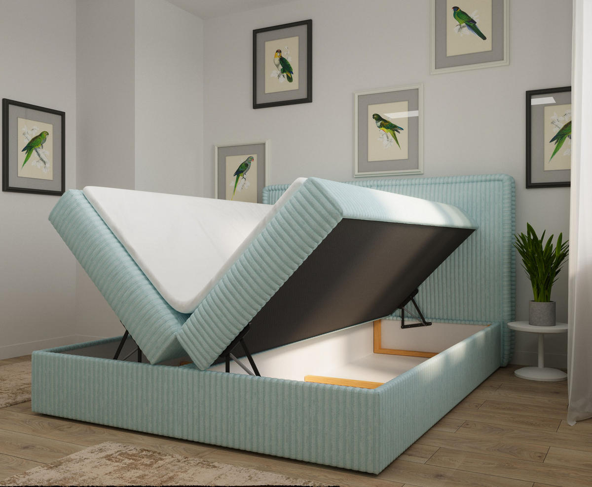 BOXBETT 04 180 x 200 cm - Ambience – Modernes Polsterbett mit Bettkasten, Topper und gepolstertem Kopfteil, Stoffbezug, Stauraumbett - Mintgrün, Holz (180/200cm) - ROYAL24_MARKT