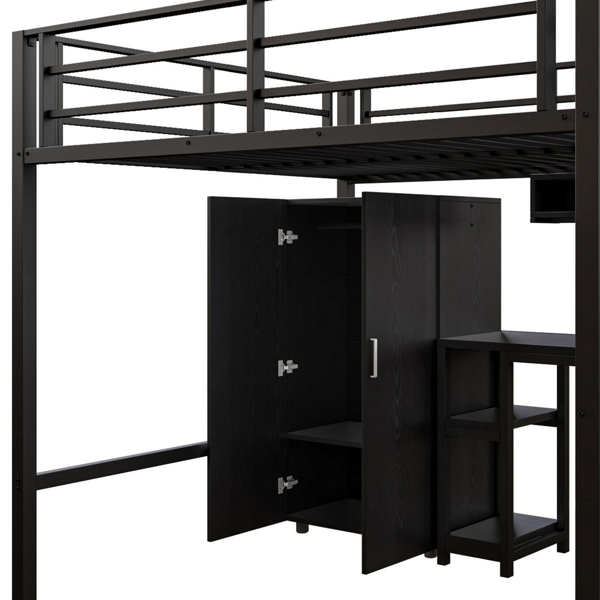 HOCHBETT 140/200 cm schwarz mit Kleiderschrank und integriertem Schreibtisch - Schwarz, Metall (140/200cm) - OKWISH