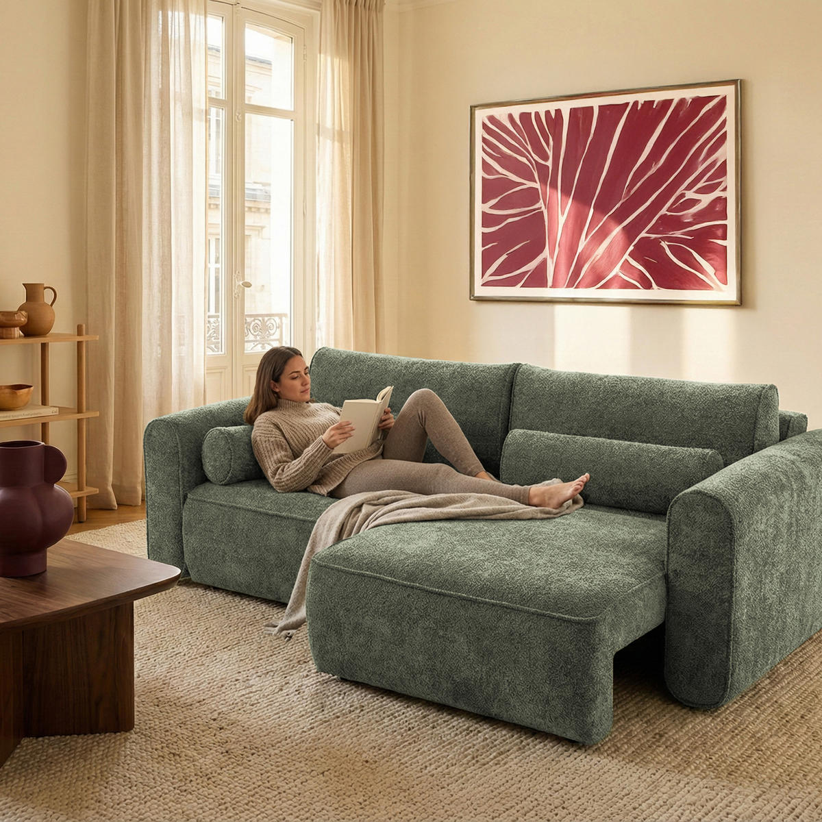 ECKSOFA Motion mit Schlaffunktion Funktional 3-sitzer Sofa - Grün, Textil (250/120cm) - Muffo