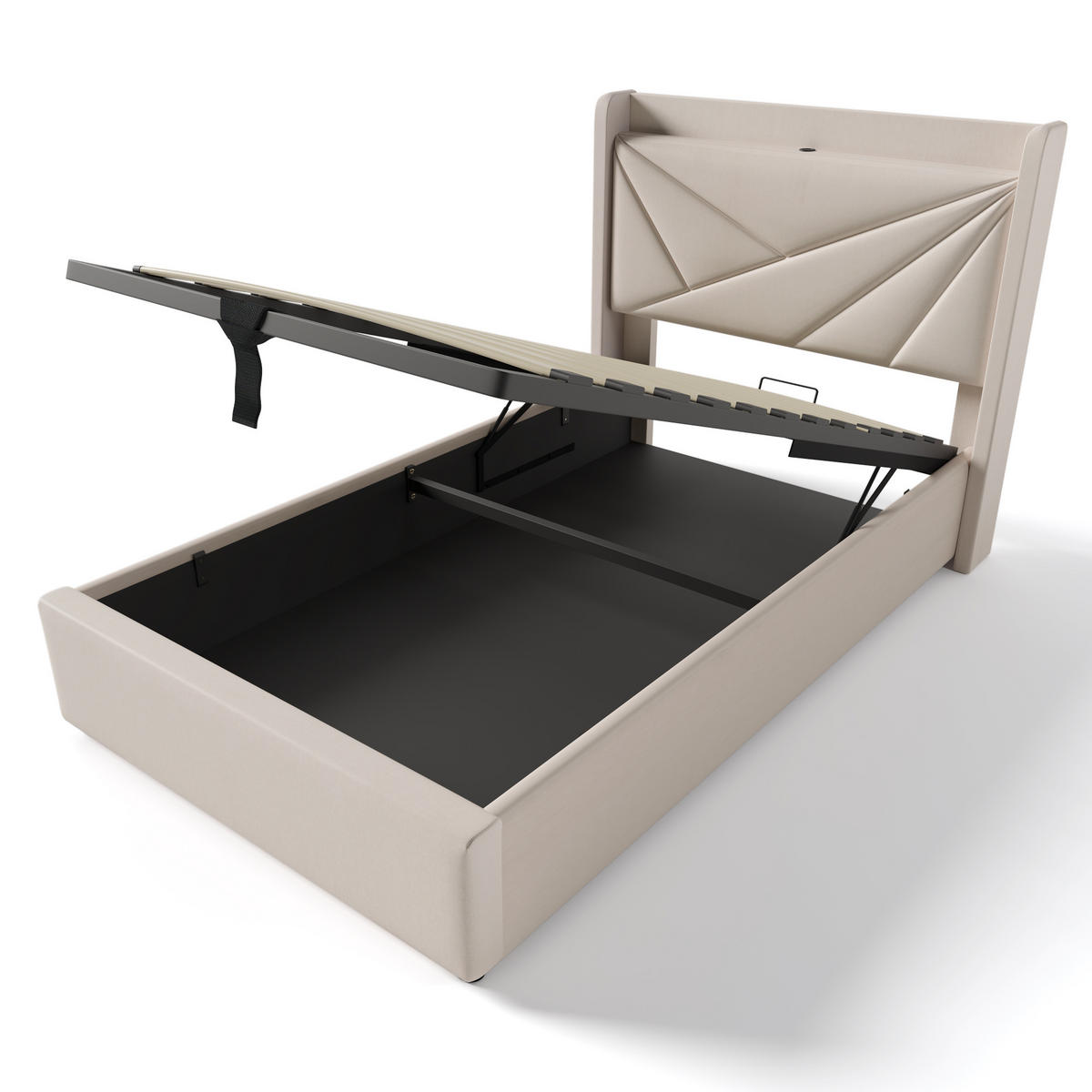 POLSTERBETT 90/200 cm Beige aus Linen mit Stauraum und USB/Typ-C mit Matratze - Beige, Textil (90/200cm) - OKWISH