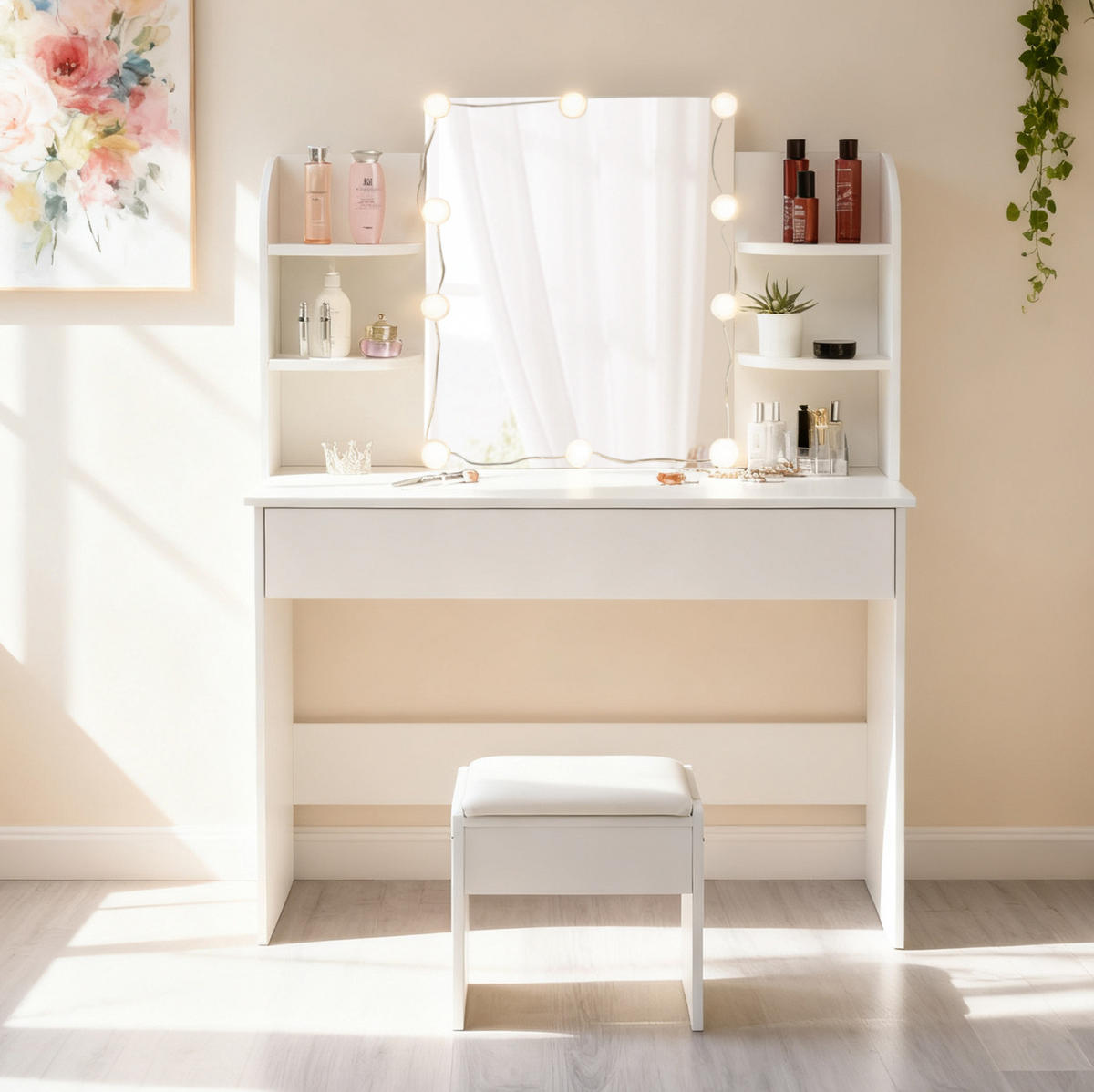 SCHMINKTISCH 40/105/130 cm Weiß aus MDF mit LED-Beleuchtung und Hocker - Weiß, Holzwerkstoff (40/130/105cm) - OKWISH