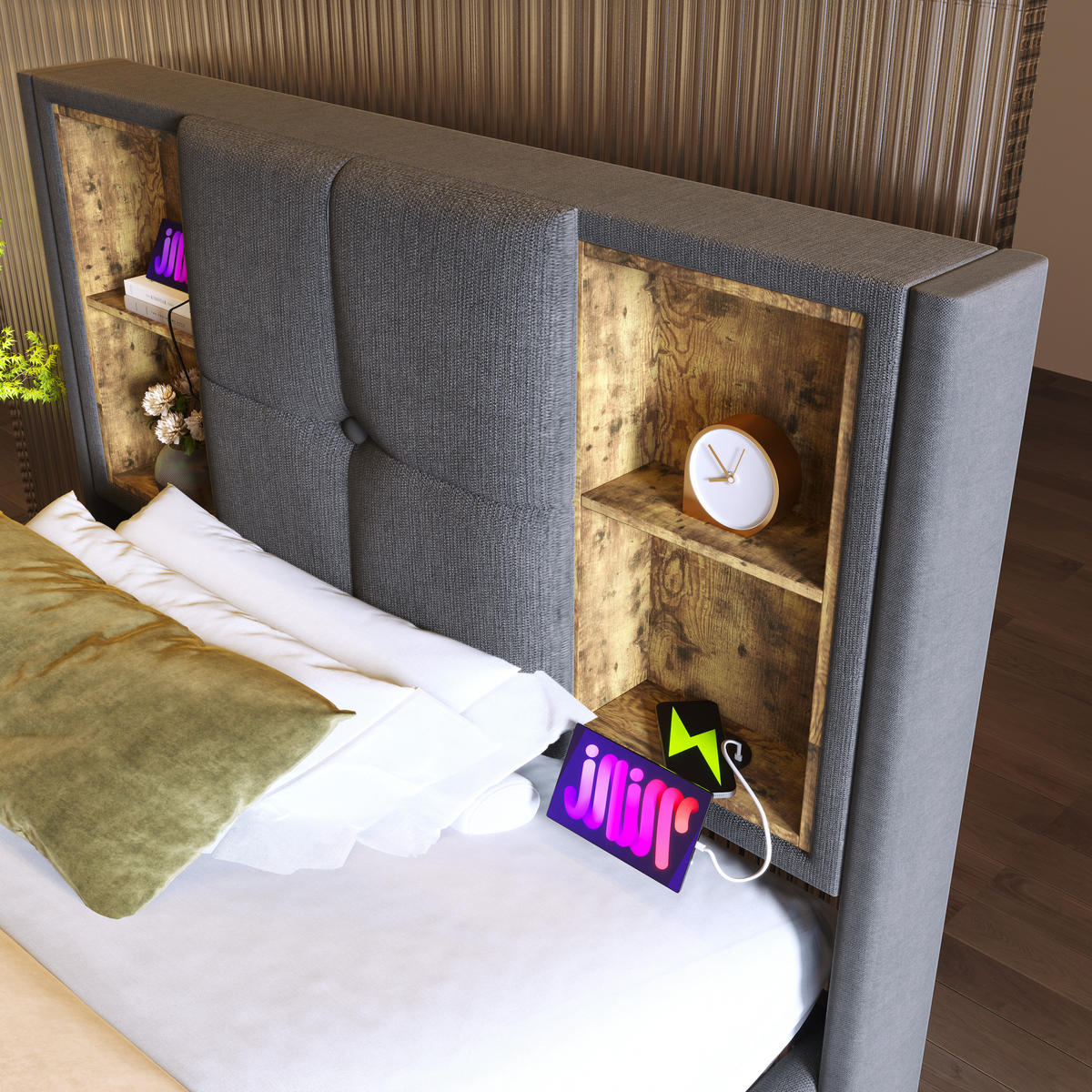 POLSTERBETT 90/200 cm mit Bettkasten (Gasdruckfeder) & Kopfteil mit Wireless Charging/USB/Typ C,Grau - Grau, Textil (90/200cm) - Redom