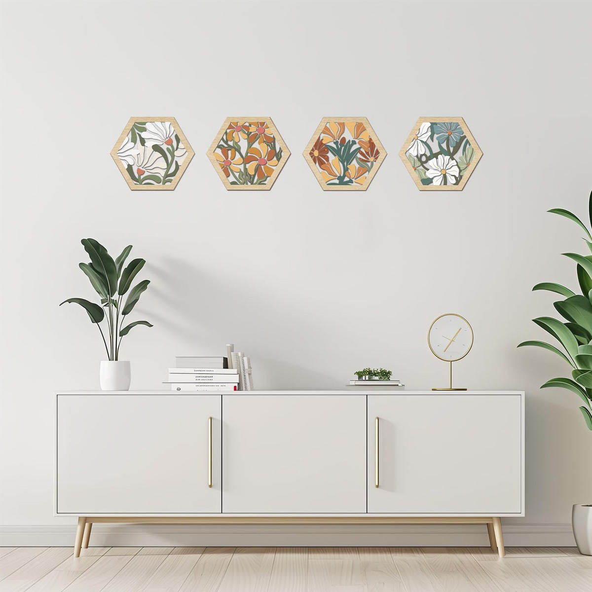 WANDDEKO Bunt 20,32x25,4cm Blumen Holz 4er Set - Akaziefarben, Holzwerkstoff (25/1cm) - Weltevree