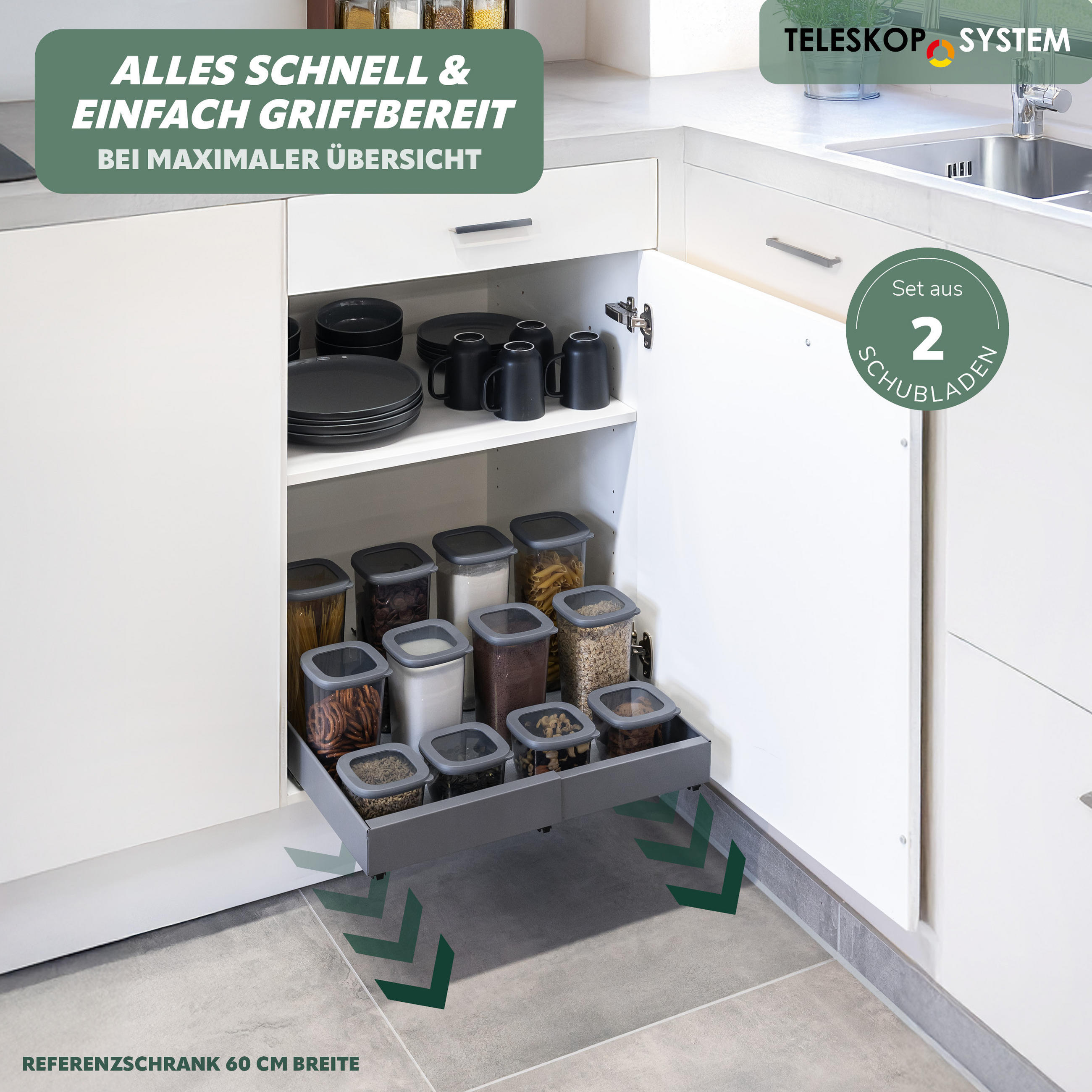 TELESKOPSCHUBLADEN (2er Set), ausziehbar, Metall, grau - Grau, Metall (67/6/42cm) - bremermann