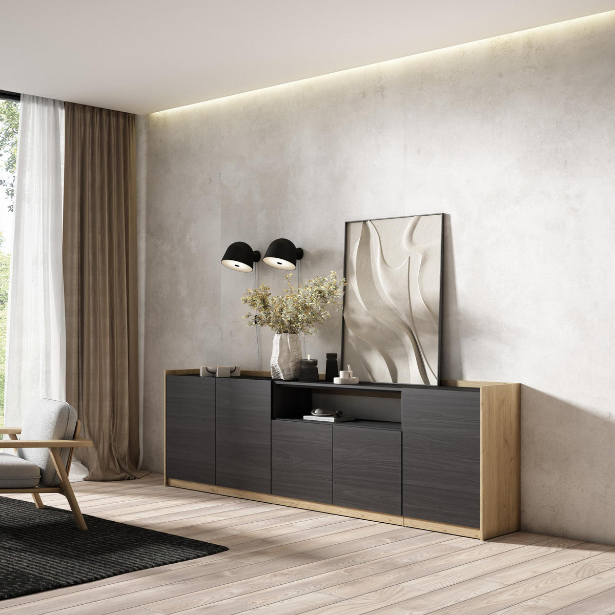 SIDEBOARD, Highboard, Schwarz Eiche, 260/37/80cm - Schwarz, Holzwerkstoff (260/80/37cm) - Skraut Home