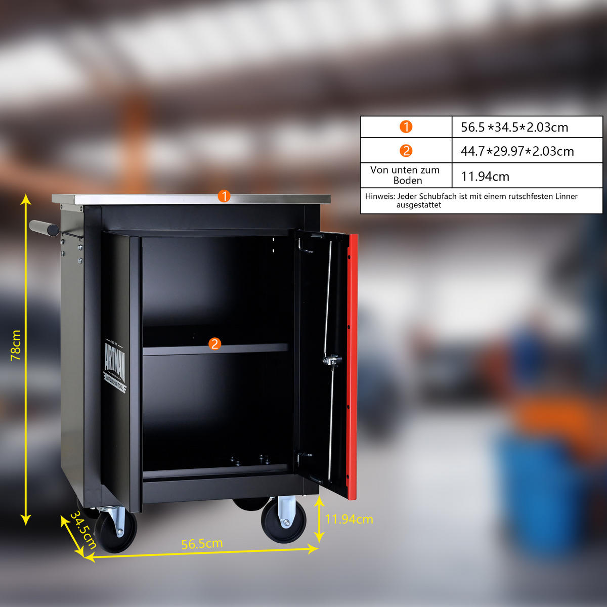 WERKZEUGWAGEN Metall Schwarz/Rot – Doppeltür, multifunktional, Werkstattwagen mit Stauraum für Garage & Werkstatt - Schwarz, Metall (34.5/78/62.5cm) - Ej. Life