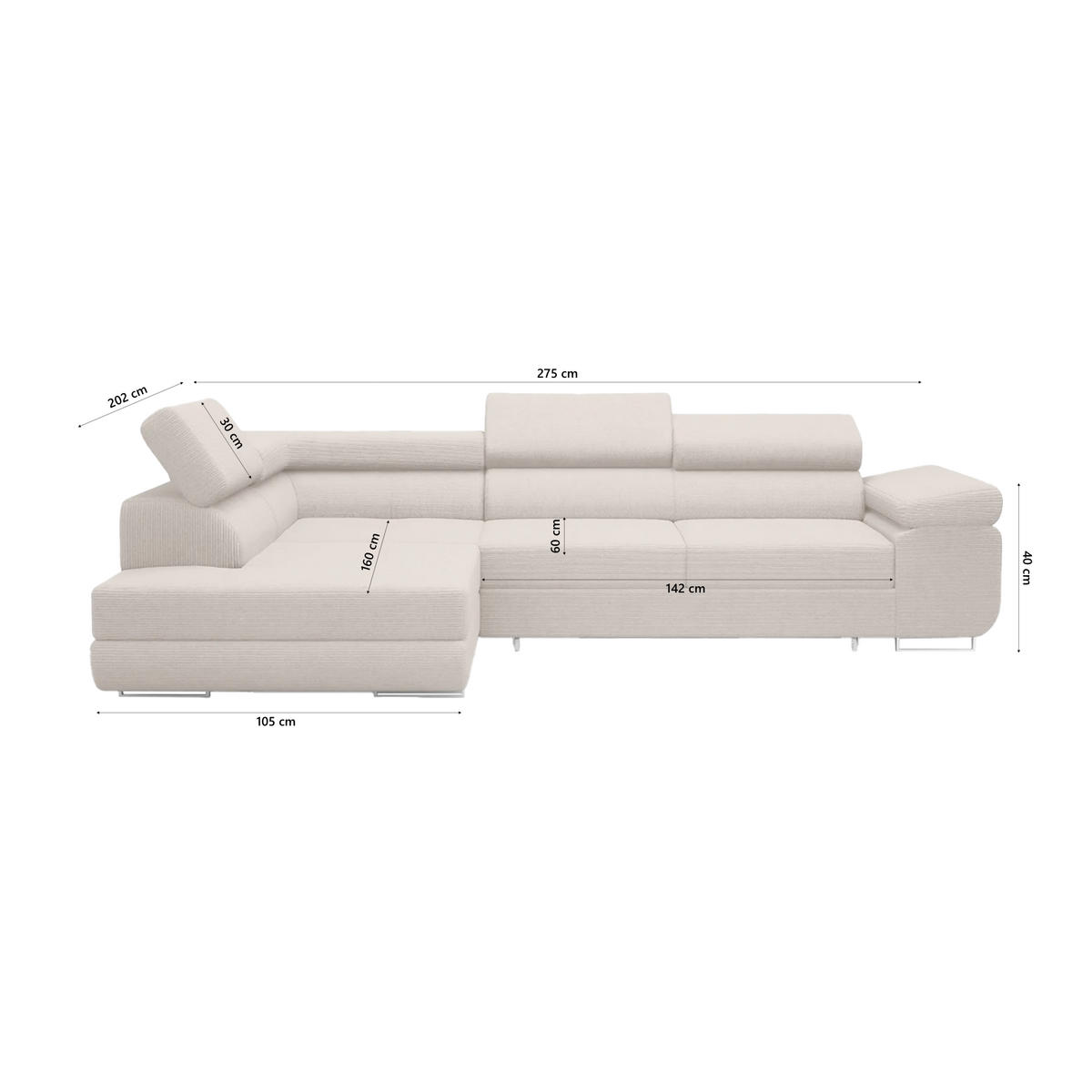 ECKSOFA Warton mit Schlaffunktion, Beige - Beige, Textil (275/202cm) - Fedve