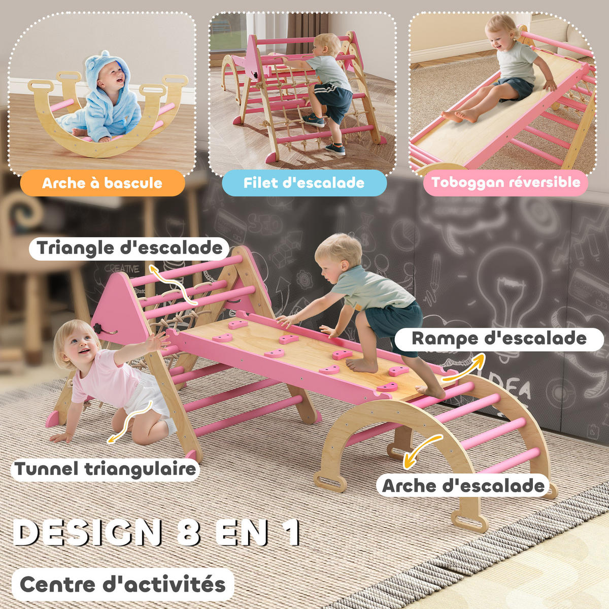 KLETTERDREIECK DE-18395 8-in-1 mit Rampe, Bogen & Leiter Pink - Pink, Holzwerkstoff (74.5/191.5cm) - ComfortXL