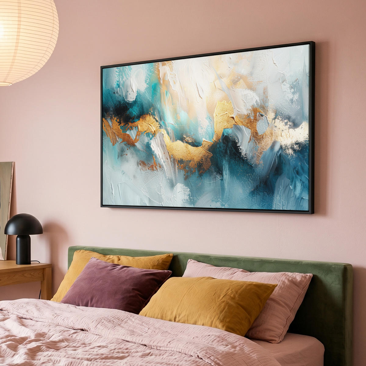 LEINWAND Bilder mit Rahmen - Abstrakt - Kunst - Gold - Blau - 150x100 - Petrol, Textil (150/100cm) - MuchoWow