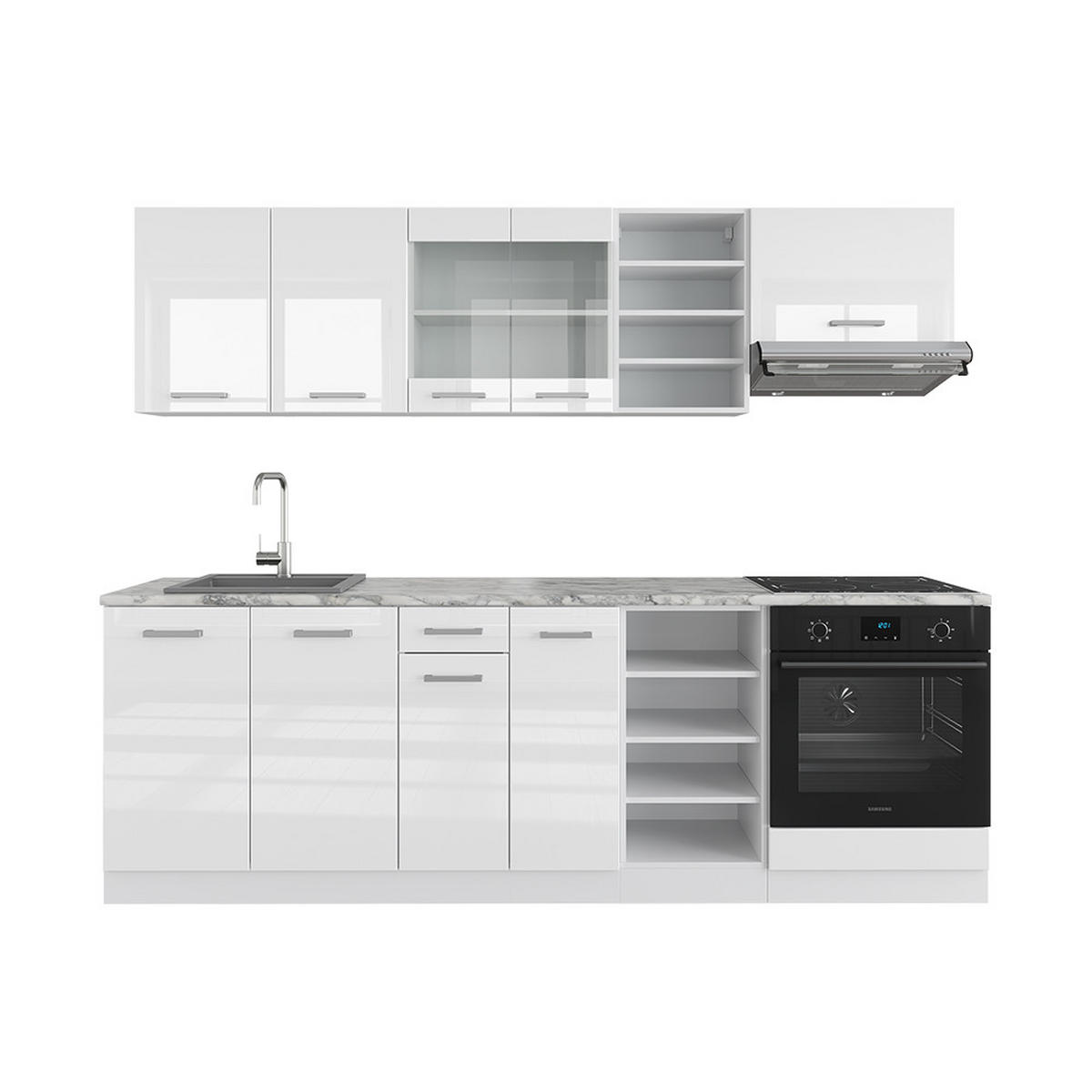 KÜCHENZEILE R-Line Weiß Hochglanz/Weiß 240 cm ohne AP - Weiß Hochglanz/Weiß, Holzwerkstoff (240/81.6/46cm) - Vicco