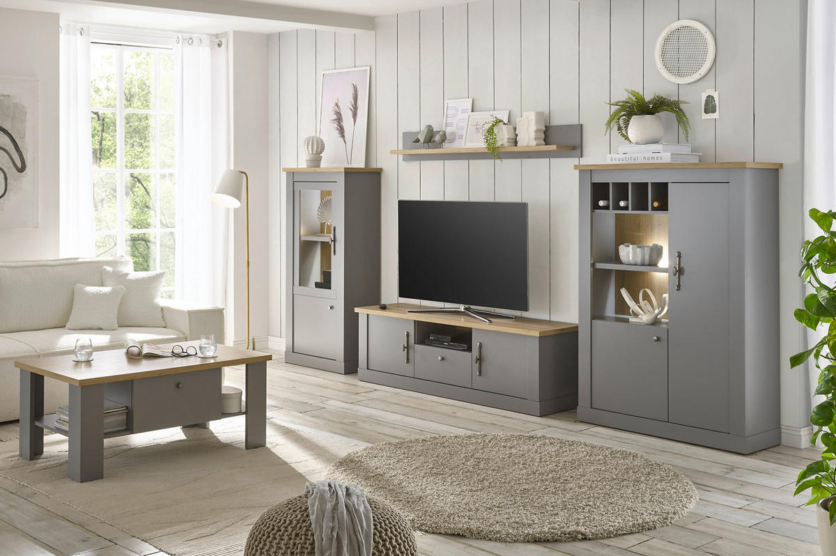 WOHNWAND grau, Artisan Eiche 4-teilig 346 cm, Wohnkombination im Landhaus-Stil - Silberfarben/Hellgrau, Holzwerkstoff/Metall (346/170/44cm) - Furn.Design